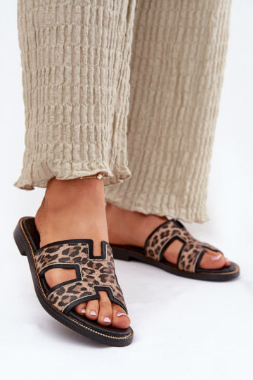 Zwarte leren platte slippers met luipaardprint Zazoo 40383