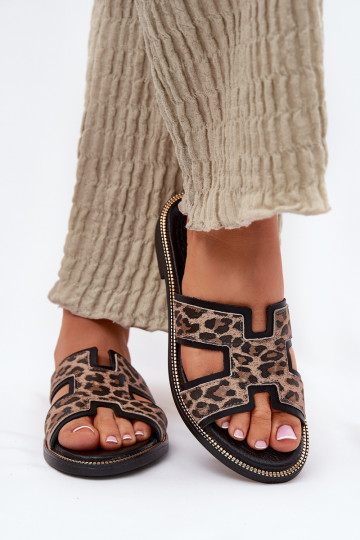 Zwarte leren platte slippers met luipaardprint Zazoo 40383 2