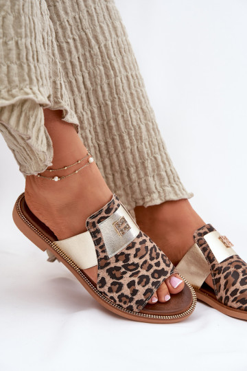Elegante stijl Slippers Gemaakt van natuurlijk leer met brede hakken Zazoo 40423 met luipaardbontpatronen