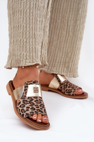 Elegante stijl Slippers Gemaakt van natuurlijk leer met brede hakken Zazoo 40423 met luipaardbontpatronen 2