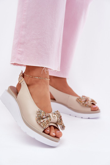 Dames zandkleurige platform sandalen met strikjes Zazoo 1882