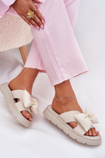 Leren pantoffels Dames met platform met linten CheBello 4647 beige