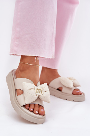 Leren pantoffels Dames met platform met linten CheBello 4647 beige 2