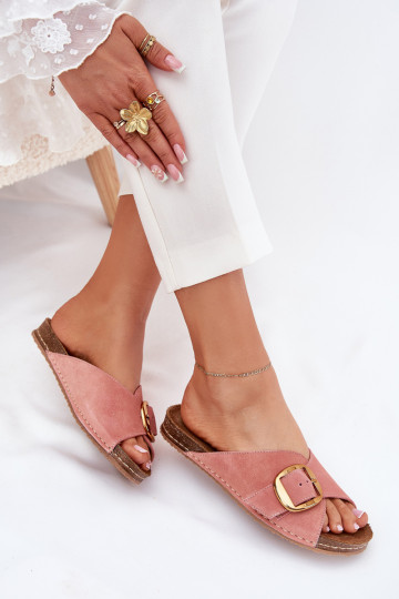 Roze leren slippers met gouden gespen Tai turiciejka 07000-15