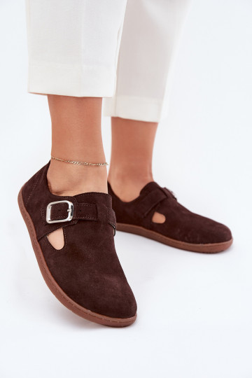 Donkerbruine suède dames schoenen Barefoot met gespen Łaty Zazoo N1261