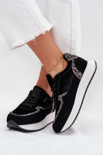 Dames suède sneakers Big Star OO274A312 HI-POLY SYSTEM, zwart met panterprint 2
