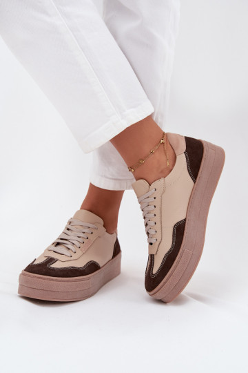 Leer Sneakers model schoenen Dames met platform Zazoo N1269S2 beige