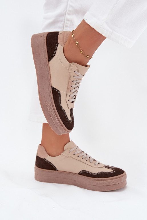 Leer Sneakers model schoenen Dames met platform Zazoo N1269S2 beige Leer Sneakers model schoenen Dames met platform Zazoo N1269S2 beige