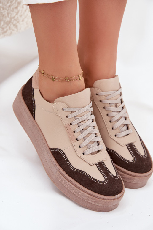 Leer Sneakers model schoenen Dames met platform Zazoo N1269S2 beige Leer Sneakers model schoenen Dames met platform Zazoo N1269S2 beige