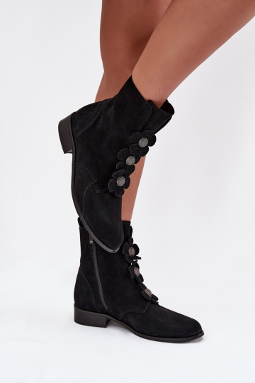 Suède dames schoenen met bloemenmotief Zazoo 3085 zwarte kleur