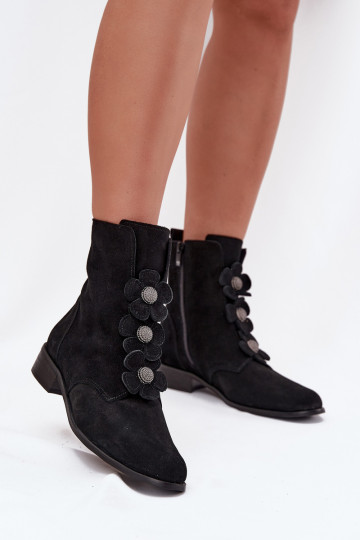 Suède dames schoenen met bloemenmotief Zazoo 3085 zwarte kleur 2