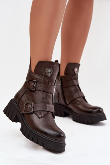 Leren warme dames enkellaarsjes met gespen en decoratieve details Zazoo 60482 chocolade kleur 2