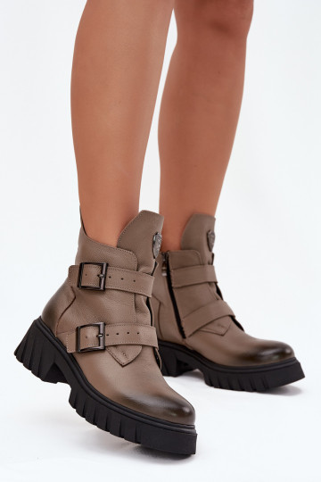 Gevoerde leren dames laarzen met gespen en versierde details, Zazoo 60482, zandkleur 2