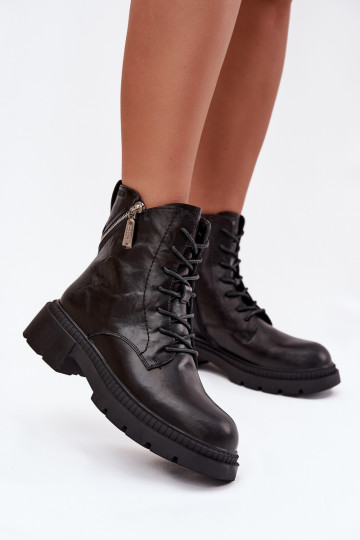 Gevoerde leren werkankerlaarzen voor dames, Big Star SS274452, zwarte kleur 2