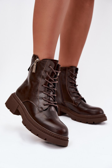 Gevoerde leren werkankerlaarzen voor dames, Big Star SS274453, bruine kleur 2
