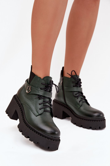 Leer Dameslaarzen Op Klok met versierde hakken opInarmen Zazoo 60557 kaki kleuren