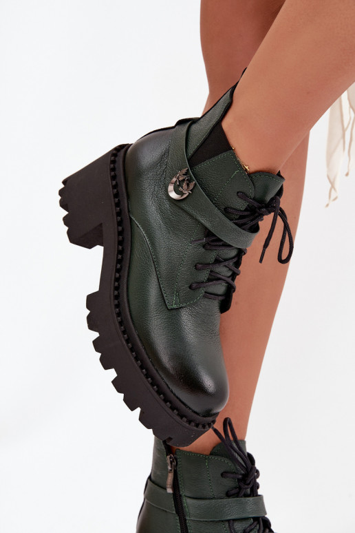 Leer Dameslaarzen Op Klok met versierde hakken opInarmen Zazoo 60557 kaki kleuren