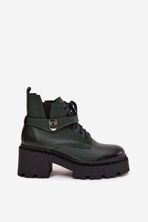 Leer Dameslaarzen Op Klok met versierde hakken opInarmen Zazoo 60557 kaki kleuren