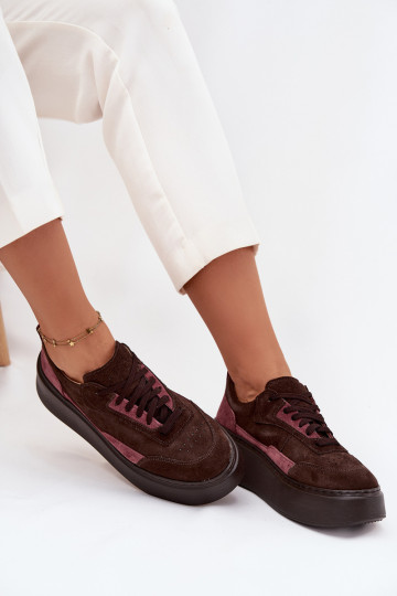 Dames sportieve schoenen van natuurlijk suède met platform Zazoo N1265S3 in chocoladebruin