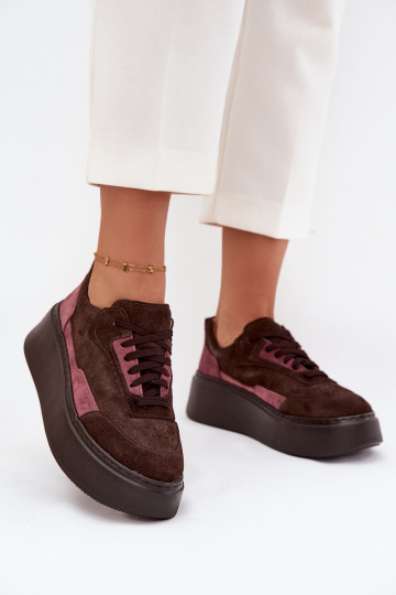 Dames sportieve schoenen van natuurlijk suède met platform Zazoo N1265S3 in chocoladebruin 2