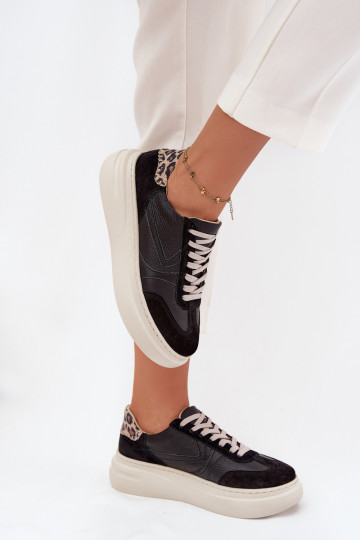 Dames sportieve leren schoenen met platform en luipaardprint Zazoo N1263 zwarte kleur