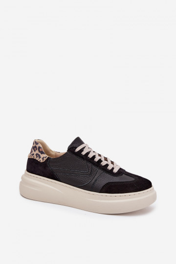 Dames sportieve leren schoenen met platform en luipaardprint Zazoo N1263 zwarte kleur 2