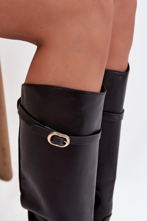 Dameslangenlaarzen met brede hakken, bandjes, gouden gespen, zwarte kleur, Sylvena