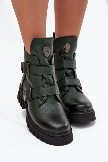 Gevoerde leren dames laarzen met gespen en versierde details, Zazoo 60482, chaki kleur