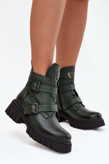 Gevoerde leren dames laarzen met gespen en versierde details, Zazoo 60482, chaki kleur 2