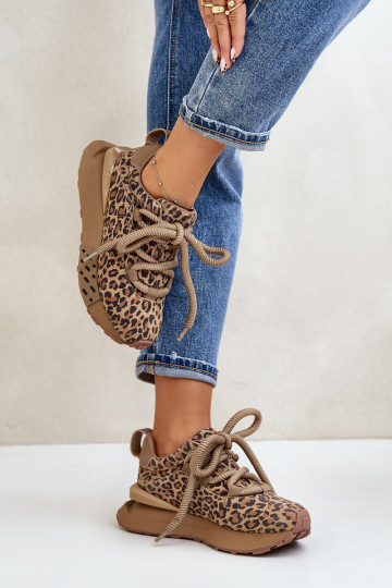 van suède Sneakers model schoenen Dames met platformGrubym Vetersluitingm met luipaardbontpatronen Artiker 55C0135 bruine kleur