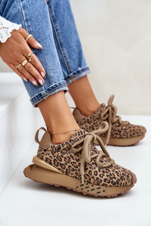 van suède Sneakers model schoenen Dames met platformGrubym Vetersluitingm met luipaardbontpatronen Artiker 55C0135 bruine kleur