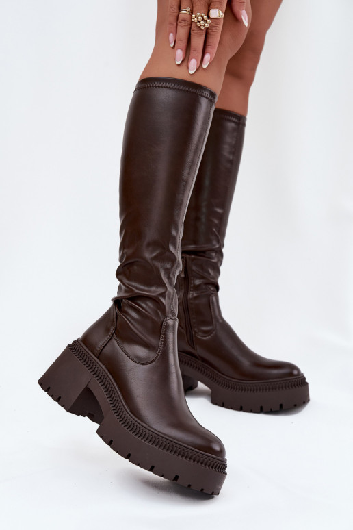 Dames lange laarzen op zware hakken en platform instapmodel bruin Florinne