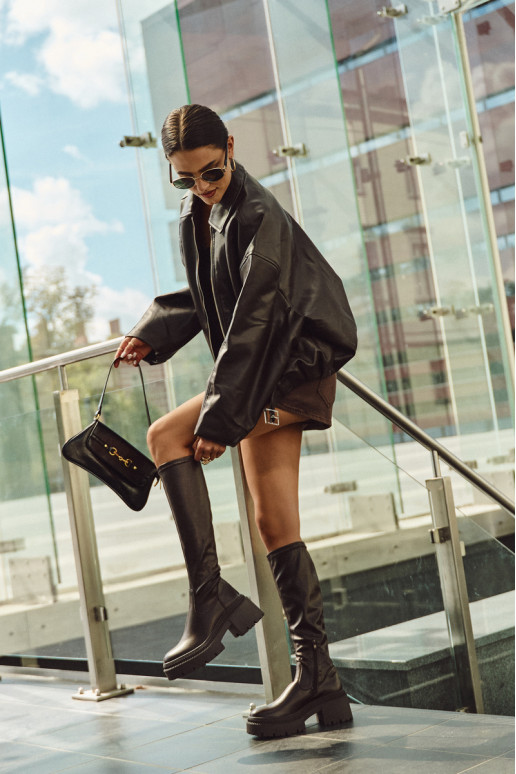 Dames lange laarzen op zware hakken en platform instapmodel bruin Florinne