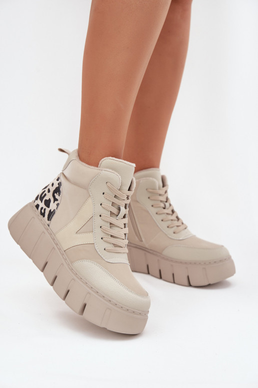 Zandkleurige leren dames warme enkellaarsjes met platform Vinceza 66838 Zandkleurige leren dames warme enkellaarsjes met platform Vinceza 66838