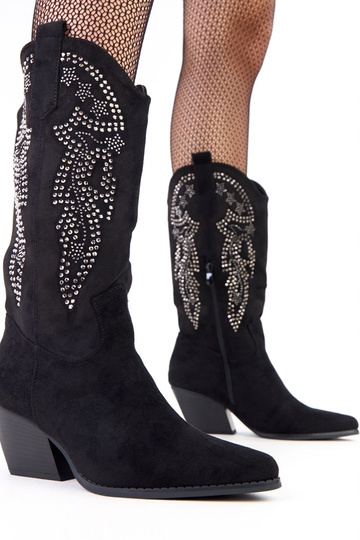 Zwarte cowboylaarzen met lage hak en zirconia "Masura" 2