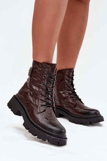 Leren dames enkellaarsjes met knopen Artiker 57C1007 chocolade kleur