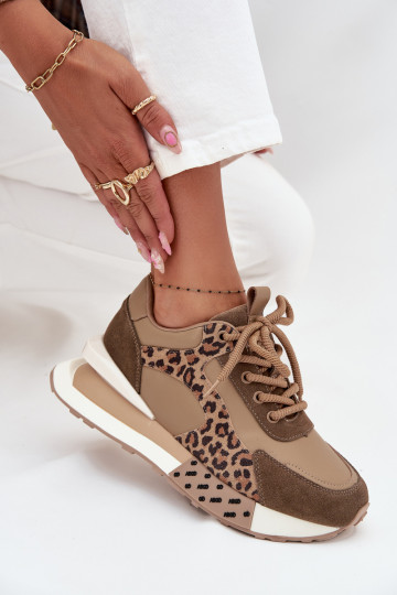 Leer Sneakers model schoenen Dames met platform met luipaardbontpatronen Artiker 55C0089 bruine kleur