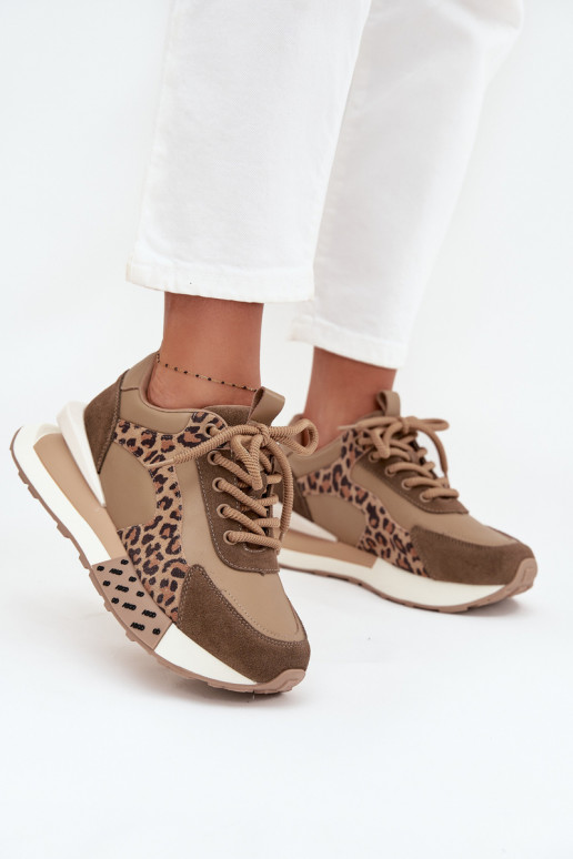 Leer Sneakers model schoenen Dames met platform met luipaardbontpatronen Artiker 55C0089 bruine kleur