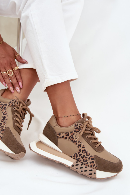 Leer Sneakers model schoenen Dames met platform met luipaardbontpatronen Artiker 55C0089 bruine kleur
