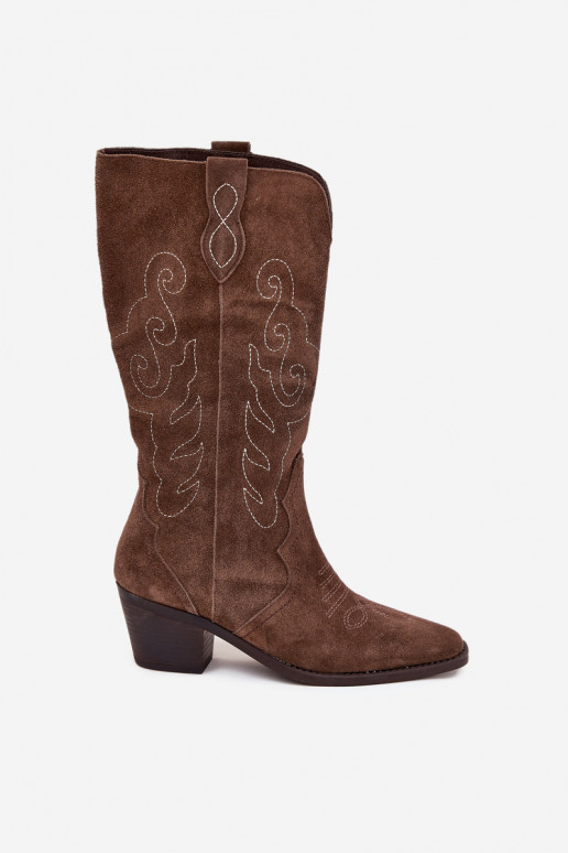 Dames lange cowboystijl suède laarzen met hakken, bruin, Karira