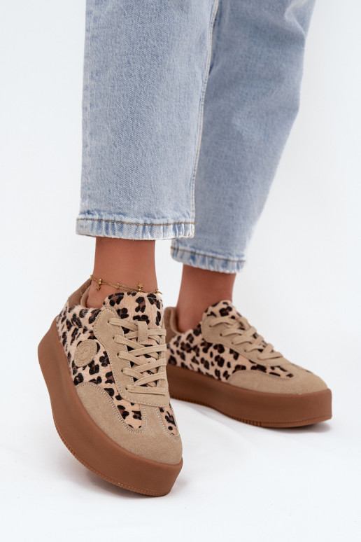 Sportieve model schoenen voor dames met platform, met leopardenprint Big Star SS274763 zandkleurig