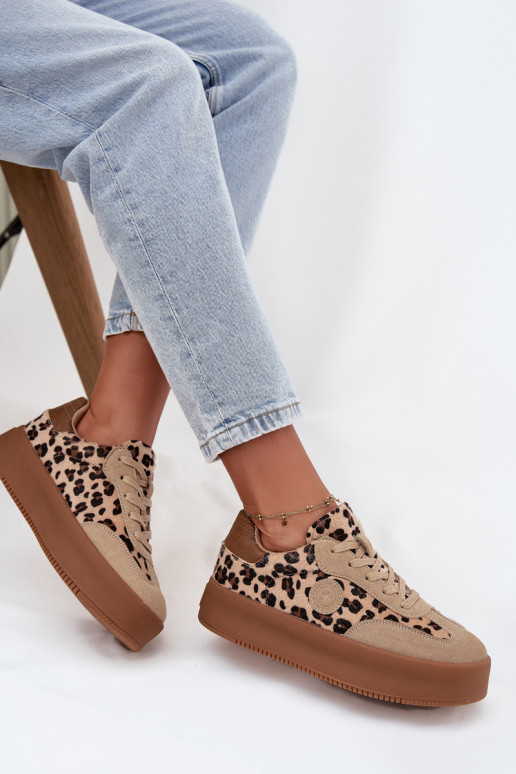 Sportieve model schoenen voor dames met platform, met leopardenprint Big Star SS274763 zandkleurig