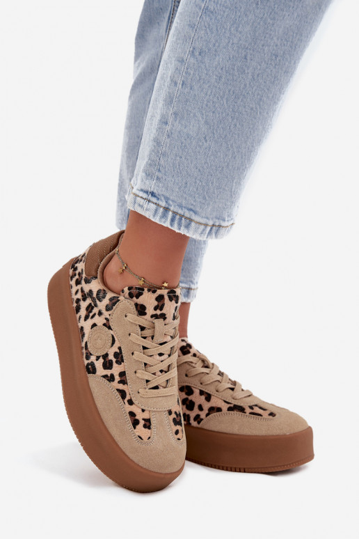 Sportieve model schoenen voor dames met platform, met leopardenprint Big Star SS274763 zandkleurig