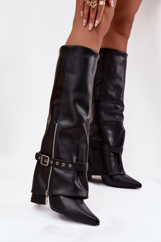 Dames lange laarzen instapmodel met hakken, met versierde hakken van eco-leer zwart Jolivine