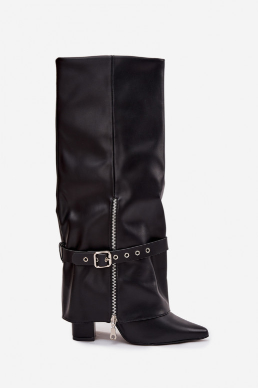 Dames lange laarzen instapmodel met hakken, met versierde hakken van eco-leer zwart Jolivine