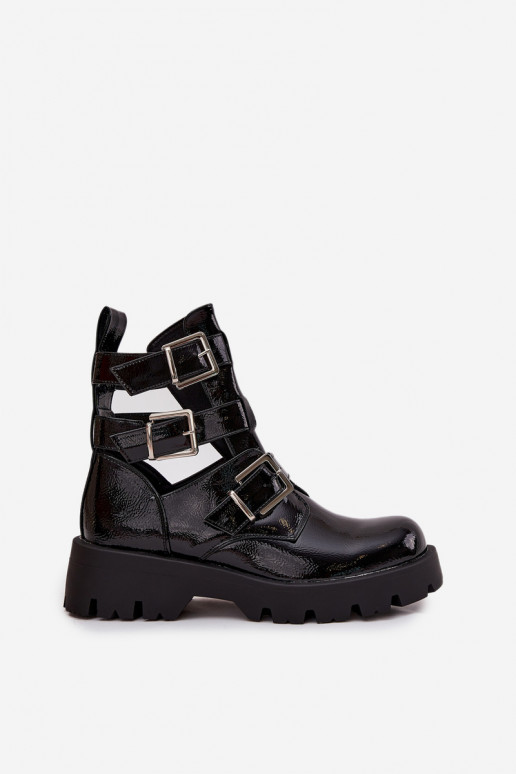 Gelakte dameslaarsjes met bandjes, zilveren gespen, in zwart "Helisse"