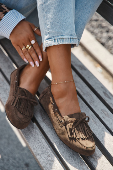 Damesmokassins met franjes en strik in kaki "Olivianne"