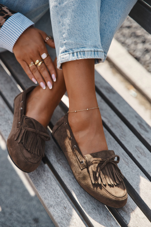 Damesmokassins met franjes en strik in kaki "Olivianne"