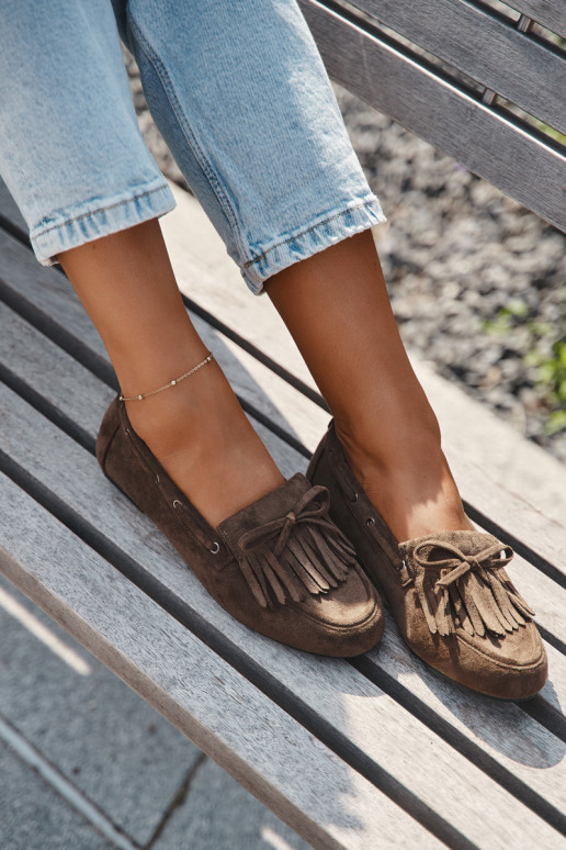 Damesmokassins met franjes en strik in kaki "Olivianne"