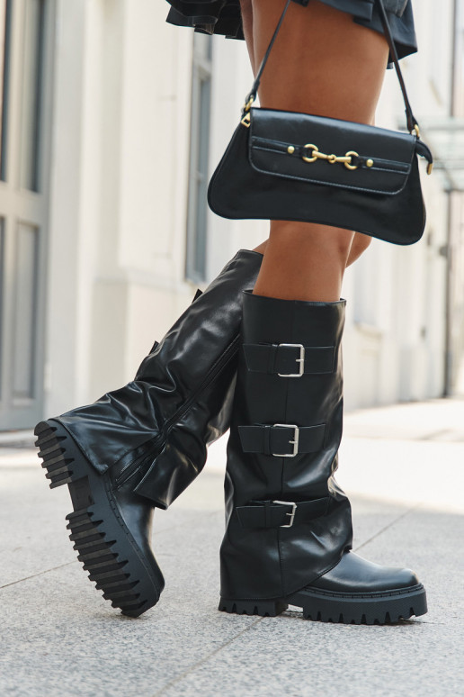 Paarsgewarmde damesknielaarzen met zilveren gespen in zwart "Isavine"